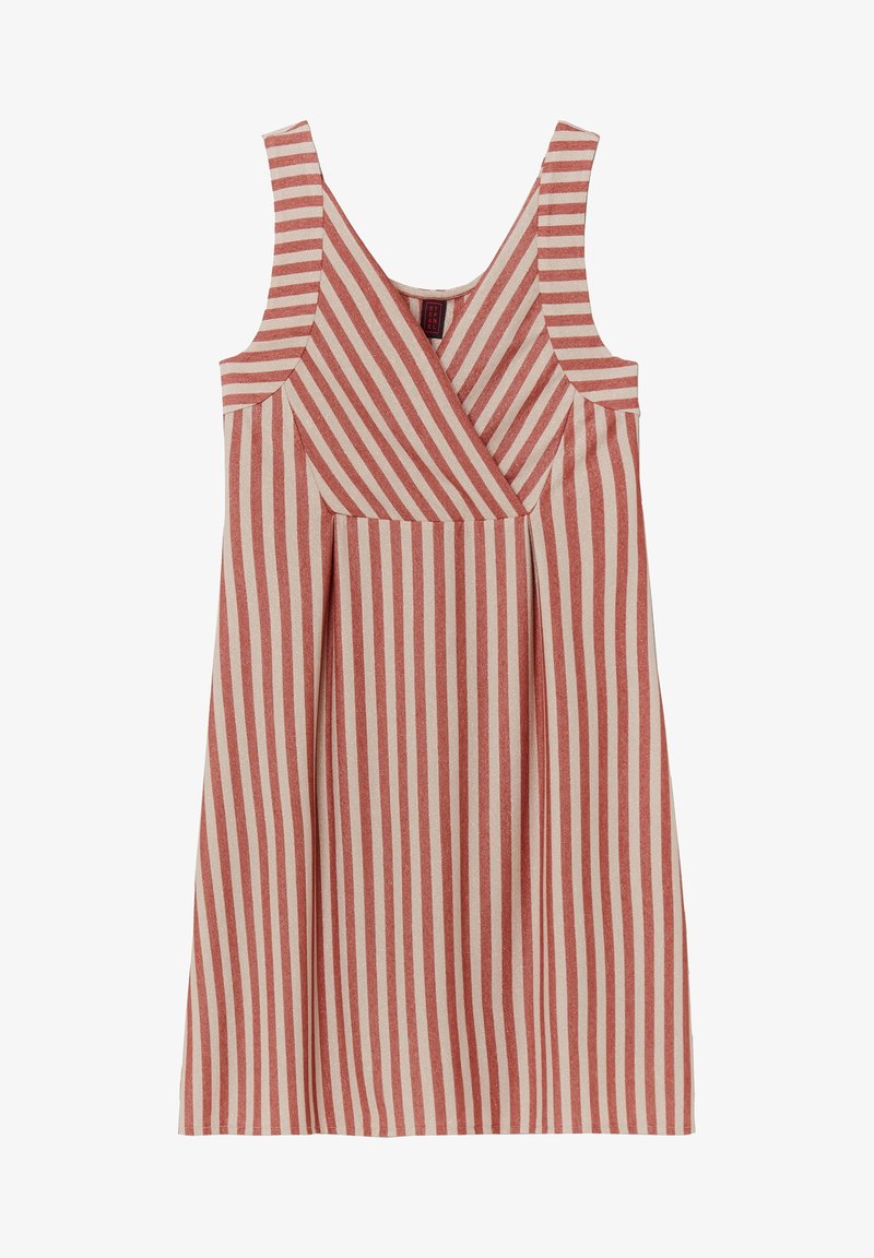 Robe rayée en rose et crème, avec un décolleté en V, des bretelles larges et un détail plissé à l'avant. Fabriquée dans un tissu texturé.