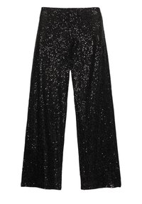Czarne spodnie o szerokich nogawkach z cekinami, z elastycznym paskiem w talii, o połyskującej fakturze i luźnym kroju zapewniającym wygodę i swobodę ruchów.