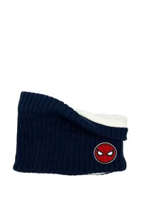 Bonnet en tricot côtelé bleu marine avec une doublure en polaire blanche, arborant un logo Spider-Man rouge brodé sur le côté.