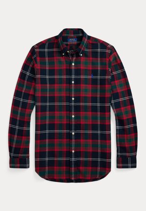 Koszula z długim rękawem zapinana na guziki, w kratę w kolorach czerwonym, zielonym, granatowym i białym, z małym niebieskim logo Polo Ralph Lauren na piersi.