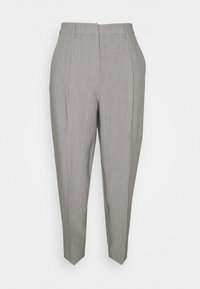 Grå skræddersyede bukser med lige ben, der har subtile nålestriber, sidelommer og en glat tekstur.