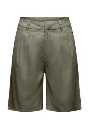 Shorts verde oliva a vita alta con passanti per cintura, pieghe frontali, tasche laterali e vestibilità comoda, lunghezza al ginocchio.