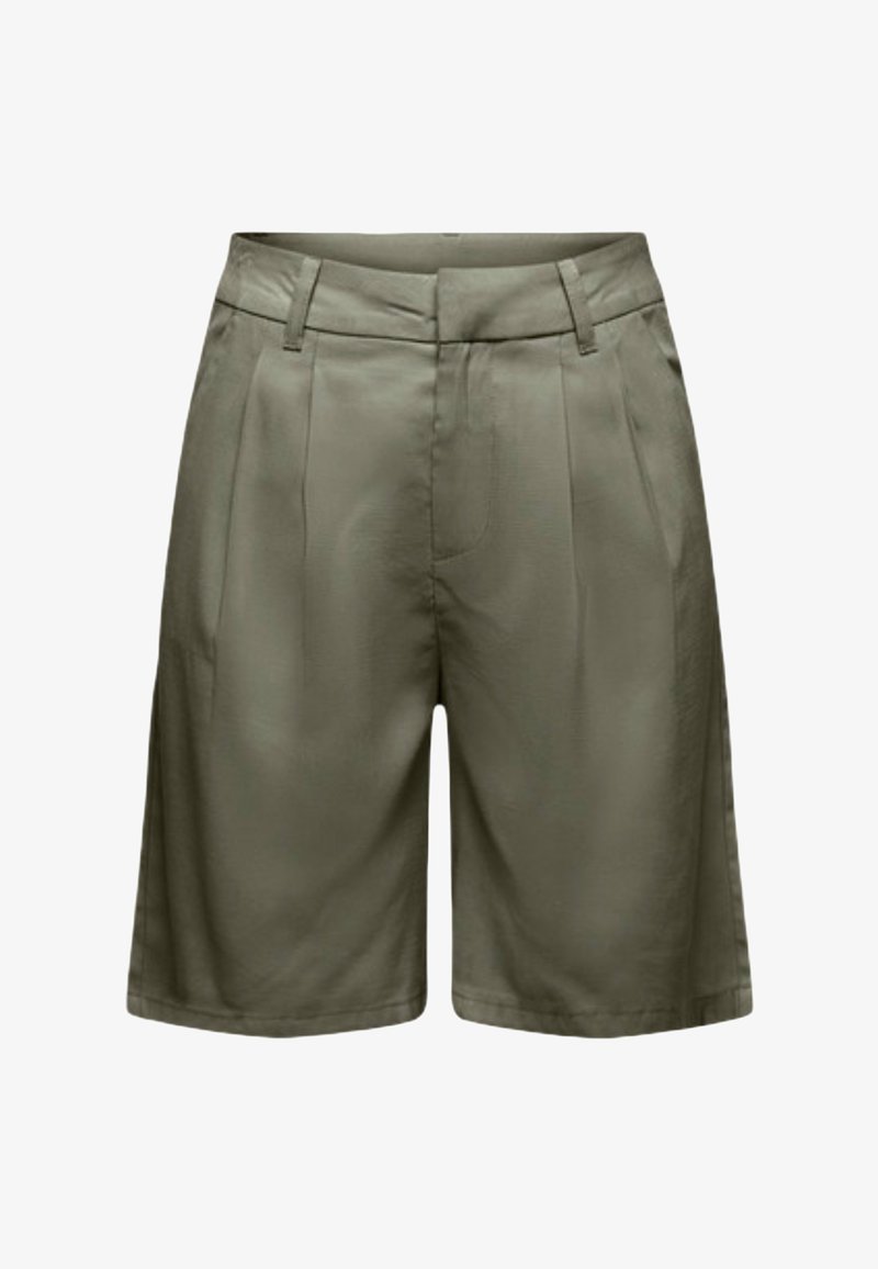 Shorts taille haute vert olive avec passants de ceinture, plis sur le devant, poches latérales et coupe décontractée, longueur genou.