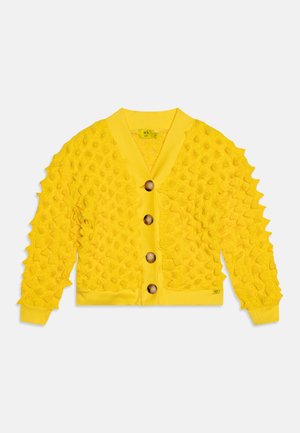 Geel vest met textuurstof en verhoogde, cirkelvormige patronen, een V-halslijn en vier bruine knopen aan de voorkant.