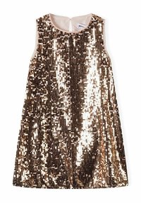 Robe à paillettes à design sans manches, ornée de paillettes dorées et cuivrées dans un motif vertical, col rond et fermeture à boutons au dos.