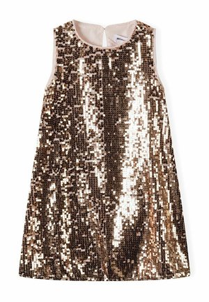 Robe à paillettes à design sans manches, ornée de paillettes dorées et cuivrées dans un motif vertical, col rond et fermeture à boutons au dos.