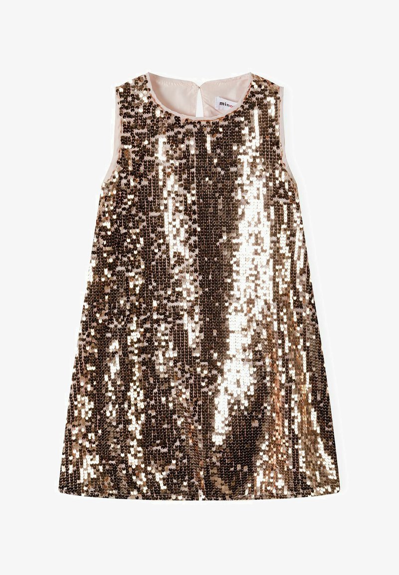 Robe à paillettes à design sans manches, ornée de paillettes dorées et cuivrées dans un motif vertical, col rond et fermeture à boutons au dos.