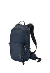Mochila de senderismo Jack Wolfskin azul marino con múltiples compartimentos con cremallera, correas acolchadas para los hombros y cinturón de soporte lumbar.