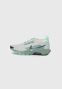Light gray running shoe with a mesh upper, mint green accents, black sole, and pink detailing. Features a pull tab and speckled midsole.