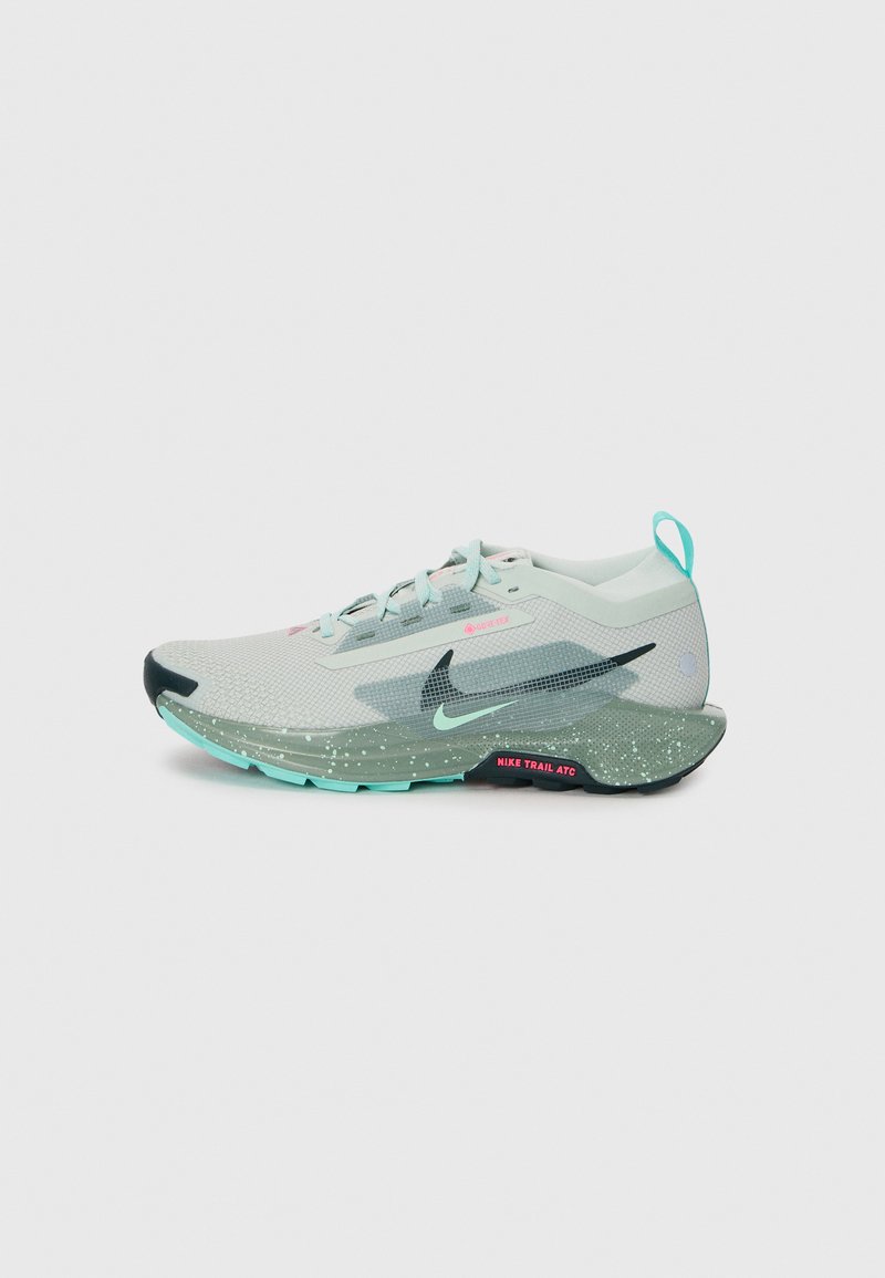 Light gray running shoe with a mesh upper, mint green accents, black sole, and pink detailing. Features a pull tab and speckled midsole.
