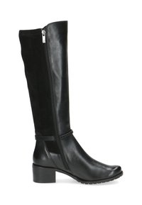 Bottes noires montantes en cuir et en daim, dotées d'une fermeture éclair sur le côté, d'un talon carré et d'un accent en cuir tressé.