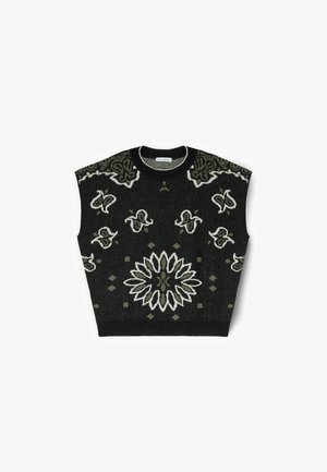 Mouwloze trui in zwart met ingewikkelde bloemen- en geometrische jacquardpatronen in wit en olijf. Ribgebreide halslijn en zoomdetails.