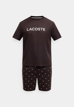 Dark brown short-sleeve shirt with "LACOSTE" text and matching shorts featuring small repeated white alligator logos.