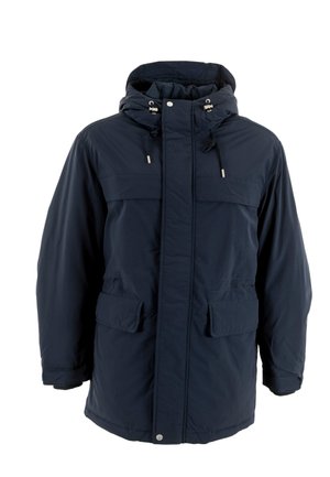 Veste à capuche bleu marine en matériau imperméable, dotée de deux poches poitrine, de deux poches latérales et de cordons de serrage réglables sur la capuche.