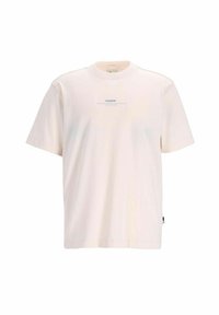 T-shirt rosa chiaro a maniche corte realizzato in tessuto morbido, con un piccolo logo blu stampato sul davanti e una vestibilità dritta e rilassata.