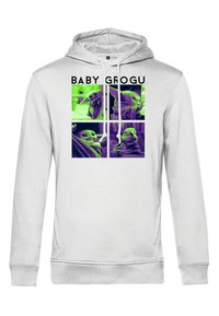 Haut à capuche gris clair avec un design frontal comportant quatre images carrées d'un personnage, rehaussé de tons verts et violets. Capuche avec cordon de serrage inclus.