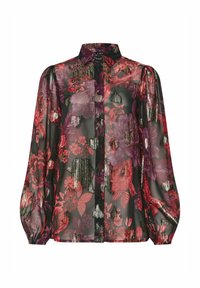 Durchsichtige schwarze Bluse mit lebhaften Blumenmustern in Rot und Lila, mit einer Knopfleiste, langen Puffärmeln und strukturierten Akzenten.