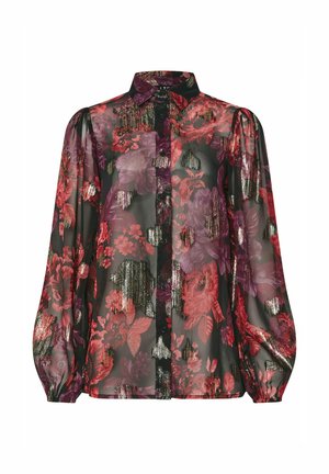Blusa negra transparente con patrones florales vibrantes en rojo y púrpura, con un frente de botones, mangas largas abullonadas y detalles texturizados.