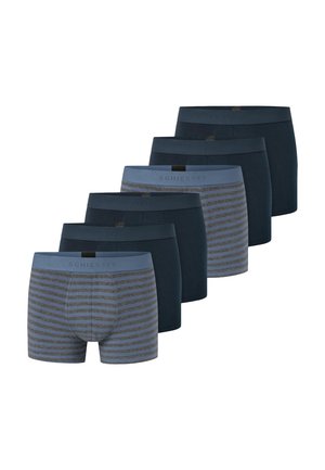 Sechs Herren-Boxershorts in abwechselnd einfarbig Dunkelblau und Blau mit grauen Streifen, angeordnet in versetzter Reihe.