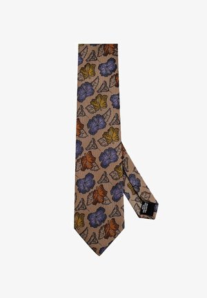 Krawat z wzorem, w brązowym tle z dużymi fioletowymi, żółtymi i pomarańczowymi wzorami kwiatowymi. Wykonany z teksturowanej tkaniny. Wąski kształt.