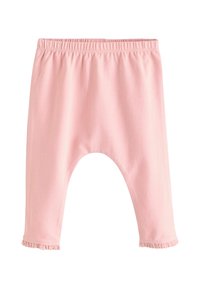 Helle rosa Baumwollleggings mit einem elastischen Bund, verkürzter Länge und Rüschendetails am Saum. Weiche, glatte Textur.