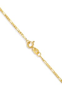 Halskette aus Gold mit länglichen Gliedern, einem runden Karabinerverschluss und einer strukturierten Oberfläche. Das Design ist schlank und gleichmäßig.