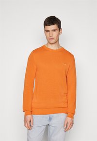 Oranje gebreide trui met een ronde halslijn en lange mouwen. Kenmerkt zich door een gestructureerd patroon en een klein logo op de borst. Gepaard met lichte jeans.
