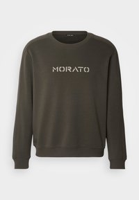 Mörkgrön sweatshirt med rundad halsringning och långa ärmar. Framsidan har ordet "MORATO" i ljusgrått. Slät textur.