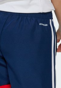 Navy blue athletic shorts with a white drawstring waist and side stripes. Features "AEROREADY" printed in white on the left side.