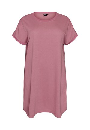 Vestido de punto rosa de manga corta y corte holgado, con escote redondo y mangas con puños, diseño hasta la rodilla.