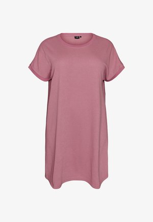 Locker sitzendes kurzärmeliges rosa Strickkleid mit Rundhalsausschnitt und gekrempelten Ärmeln, knielanger Schnitt.