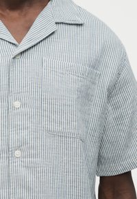 Άνδρας που φοράει κοντομάνικο πουκάμισο με κατακόρυφες μπλε και λευκές ρίγες και τσέπη στο στήθος, ορατός από το λαιμό έως το μέσο του κορμού.