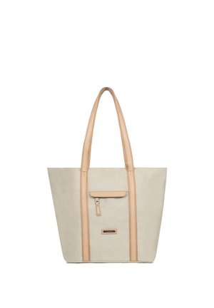 Borsa a mano beige con manici in pelle color cuoio, rifiniture verticali e una piccola tasca frontale con cerniera e patta.