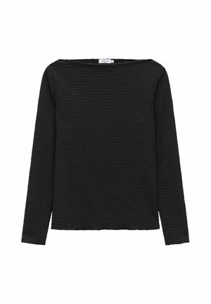Zwarte langarmtop van een textuurstof, met een brede bootkraag en een relaxte pasvorm. Eenvoudig ontwerp zonder zichtbare patronen of versieringen.