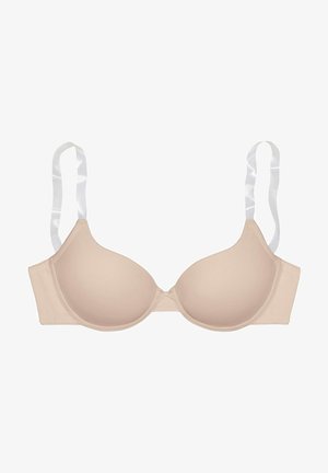 Beha in lichtbeige met gladde, gevormde cups en twee verstelbare witte banden. De band is naadloos, wat discreet ondersteuning biedt.