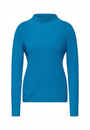 Blått stickat tröja med hög hals, långärmar och texturerat mönster. Tyget verkar mjukt och figurnära, lämpligt för avslappnad klädsel.