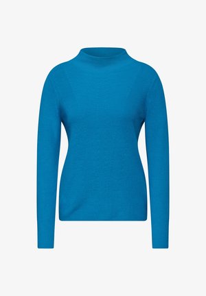 Blauw gebreid sweater met een hoge hals, lange mouwen en een gezoomd patroon. De stof lijkt zacht en aansluitend, geschikt voor casual kleding.