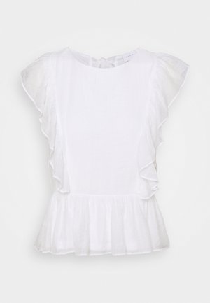 Witte mouwloze blouse met ruches op de schouders en zoom, gemaakt van licht doorschijnende stof, met een ronde hals en knoopsluiting aan de achterkant.