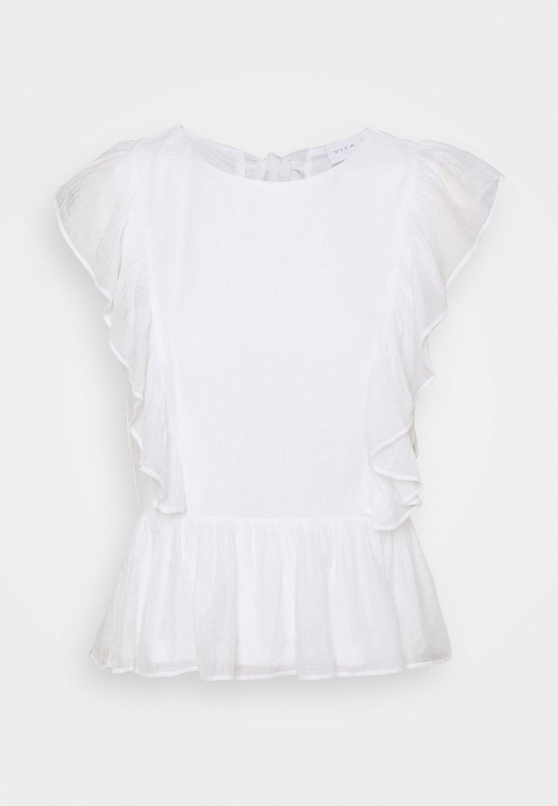 Blouse blanche sans manches avec volants aux épaules et à l'ourlet, en tissu léger transparent, avec un col rond et une fermeture à boutons dans le dos.
