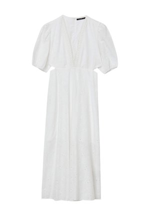 Weißes, langes Kleid mit puffärmel, tiefem V-Ausschnitt, floralen Lochstickereien und einem fließenden Rock. Hergestellt aus einem leichten Stoff.