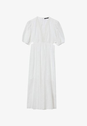 Weißes, langes Kleid mit puffärmel, tiefem V-Ausschnitt, floralen Lochstickereien und einem fließenden Rock. Hergestellt aus einem leichten Stoff.