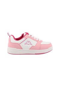 Chaussures de sport roses et blanches avec une tige en synthétique lisse, des accents contrastants, une semelle en caoutchouc et un petit logo sur le côté.