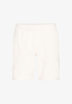 Valged soonikkoesed lühikesed püksid elastse vöökohaga, sirge jala lõike ja peene tekstuuriga, loodud mugavuseks ja lihtsaks kandmiseks.