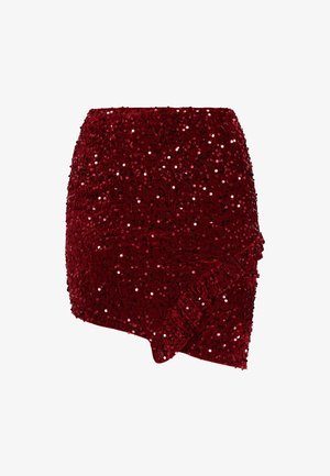 Rotes Samt-Minikleid mit Pailletten und asymmetrischem Rüschendetail am Saum.