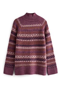 Pull en tricot avec un col cheminée haut, présentant un motif géométrique multicolore dans des tons de violet, crème et rouille. Poignets et ourlet côtelés.