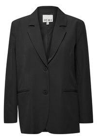 Zwarte single-breasted blazer gemaakt van gladde stof. Voorzien van een notched lapel, twee knopen en twee voorzakken met gepiped details.