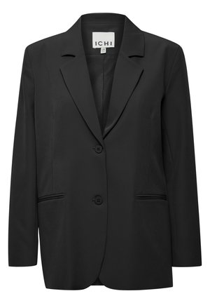 Zwarte single-breasted blazer gemaakt van gladde stof. Voorzien van een notched lapel, twee knopen en twee voorzakken met gepiped details.