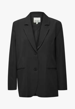 Schwarzer einreihiger Blazer aus glattem Stoff. Verfügt über einen Reverskragen, zwei Knöpfe und zwei vordere Taschen mit Paspelierung.