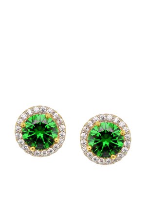 Pair of round gold stud earrings with bright green central gemstones surrounded by small clear crystals.