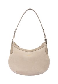 Beige suede handbag with a curved shape and a smooth leather top panel. Features a single shoulder strap and a gold logo accent.